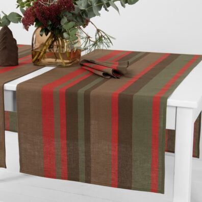 MIMOSA puolipellava kaitaliina raitoja, harmaanruskeaa, ruskeaa, punaista ja tummanvihreää lankaa, jotka on kudottu yhteen