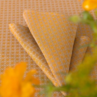 Puolipellava keltainen-beige lautasliina, timantteja, joissa on pieniä kukkia