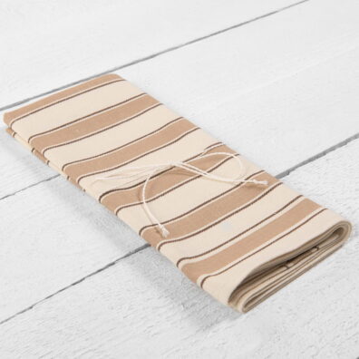 pellava keittiöpyyhe, kermanväriset ja ruskeat kuviolliset raidat