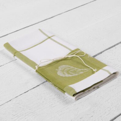 pellavapuuvillainen keittiöpyyhe, vihreä ja valkoinen ruudullinen jacquard lehtikuviolla