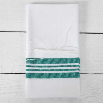 pellava puuvillainen keittiöpyyhe, valkoinen vihreillä twill-raidoilla