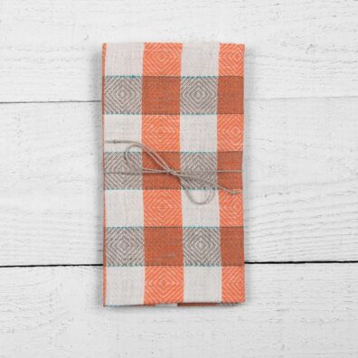 pellavainen keittiöpyyhe, oranssin ja valkoisen ruutukuvioinen ruutu