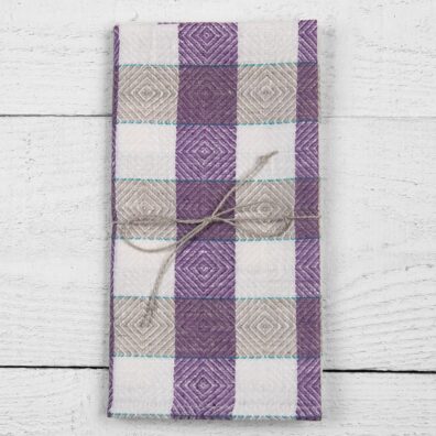 pellavainen keittiöpyyhe, violetti ja valkoinen timanttikuvioinen ruutu