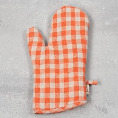 Pellavainen keittiökäsine ruudullinen oranssi