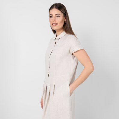 NICOLE beige pellava mekko, valkoinen-luonnonharmaa pilkullinen