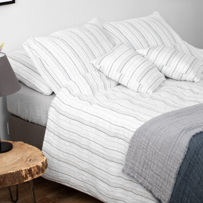 OXFORD valkoinen ja harmaa raidallinen pellavapussilakana napeilla