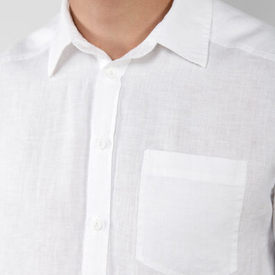 HARVY pellava paita valkoinen, kent-kaulus, lyhyet hihat, nappikiinnitys, rintatasku vasemmalla