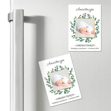 Personalizowany magnes ze zdjęciem dziecka na podziękowanie dla gości chrzest 7x10 cm