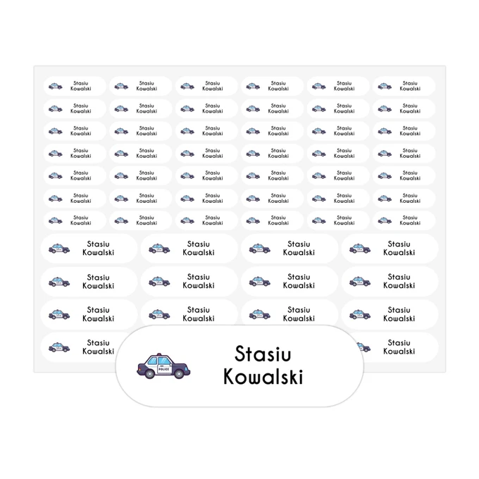 Naklejki z imieniem i grafiką na przybory szkolne policja arkusz 58 sztuk