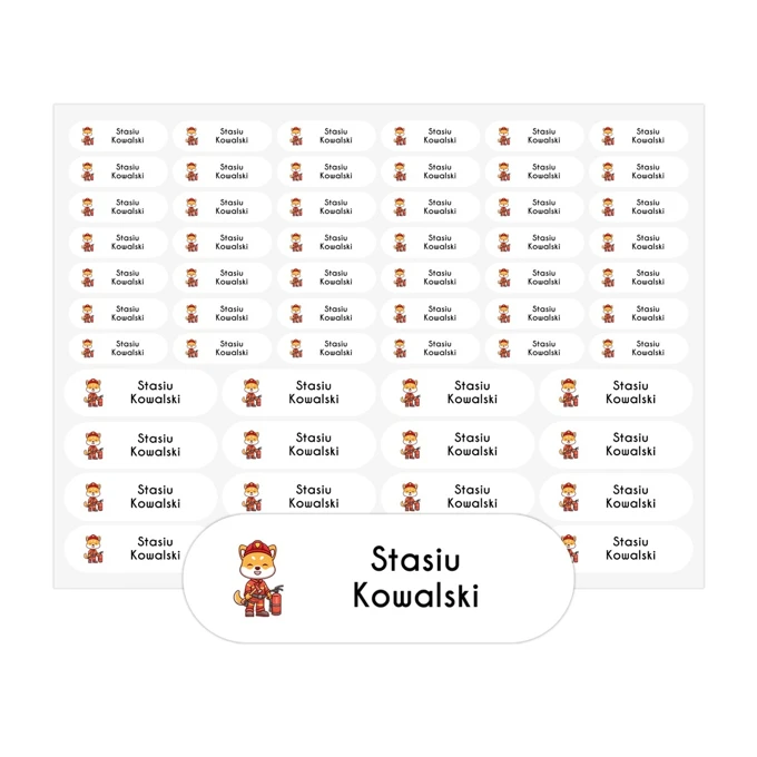 Wodoodporne naklejki imienne na przybory szkolne metki strażak arkusz 58 sztuk