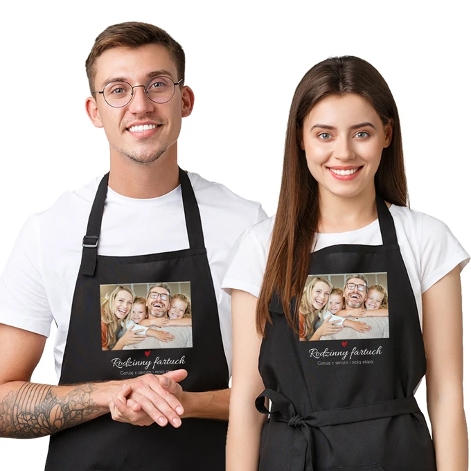 Fartuch kuchenny dla całej rodziny ze zdjęciem własnym tekstem