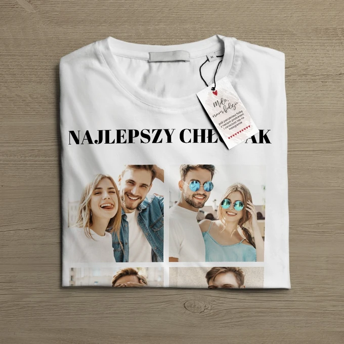 Koszulka dla chłopaka z własnym zdjęciem nadrukiem kolaż 4 zdjęcia biała męska na Dzień Chłopaka rozm. XL