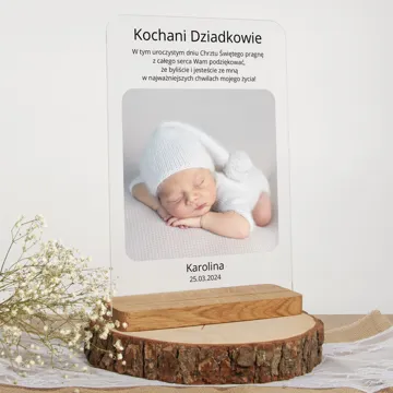 Podziękowania dla dziadków chrzestnych na chrzest od dziecka ramka ze zdjęciem na szkle akrylowym A4
