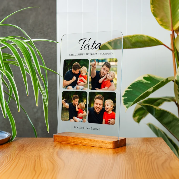 Zdjęcie na szkle dla Taty statuetka z dedykacją A4