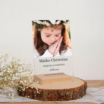 Podziękowanie komunijne dla Matki Chrzestnej zdjęcie na szkle z dedykacją 15x21 cm