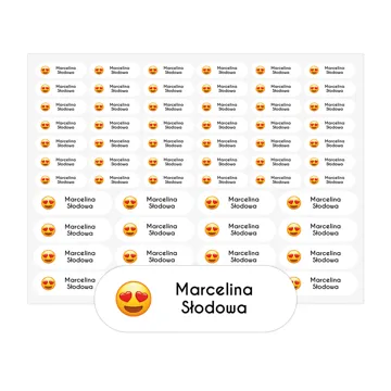 Naklejki z imieniem imienniki na przybory arkusz 58 sztuk emoji serce