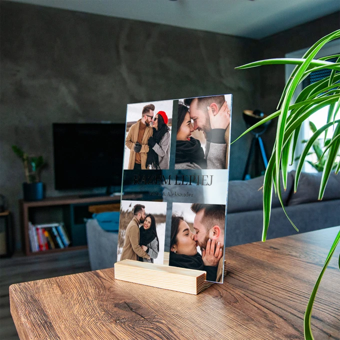 Prezent na Walentynki ramka ze zdjęciami i imionami pary wydruk na szkle 15x21 cm