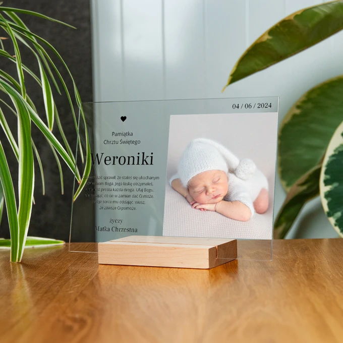 Personalizowana pamiątka chrztu statuetka ze zdjęciem 21x15 cm