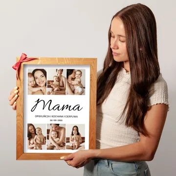 Prezent dla Mamy na Dzień Mamy urodziny plakat z kolażem zdjęć w drewnianej ramie 30x40 cm