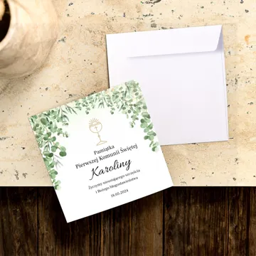 Personalizowana kartka pamiątka na komunię z imieniem dziecka rustykalna