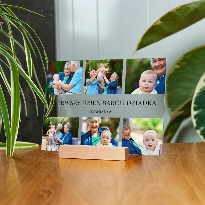 Pierwszy Dzień Babci i Dziadka kolaż zdjęć na szkle z dedykacją prezent dla Dziadków  21x15 cm