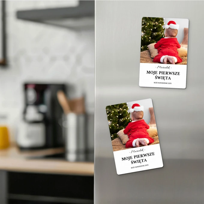 Moje Pierwsze Święta magnes ze zdjęciem i imieniem na lodówkę 7x10 cm wykończenie matowe