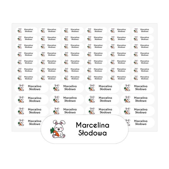 Naklejki z imieniem do przedszkola szkoły wodoodporne królik arkusz 58 sztuk