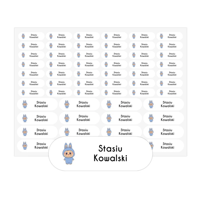 Naklejki z imieniem dziecka wodoodporne na przybory szkolne potworek niebieski arkusz 58 sztuk