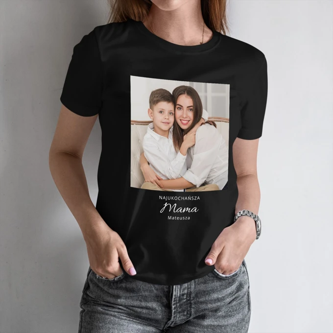 Personalizowana koszulka dla mamy ze zdjęciem własny napis czarna damska rozm. S