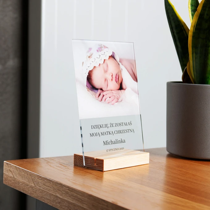 Podziękowanie dla Matki Chrzestnej statuetka zdjęcie dziecka na szkle z dedykacją 15x21 cm