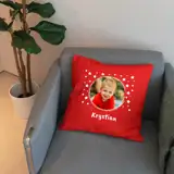 Poduszka czerwona ze zdjęciem i imieniem dla dziecka prezent na Dzień Dziecka
