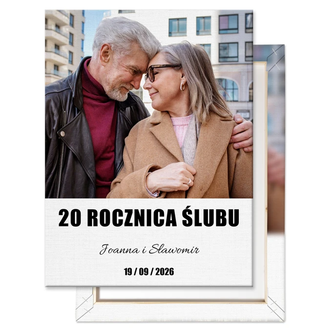 Prezent na 20 rocznicę ślubu obraz z Twojego zdjęcia na płotnie z imionami datą 30x40 cm