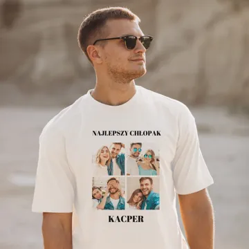 Koszulka dla chłopaka z własnym zdjęciem nadrukiem kolaż 4 zdjęcia biała męska na Dzień Chłopaka rozm. M