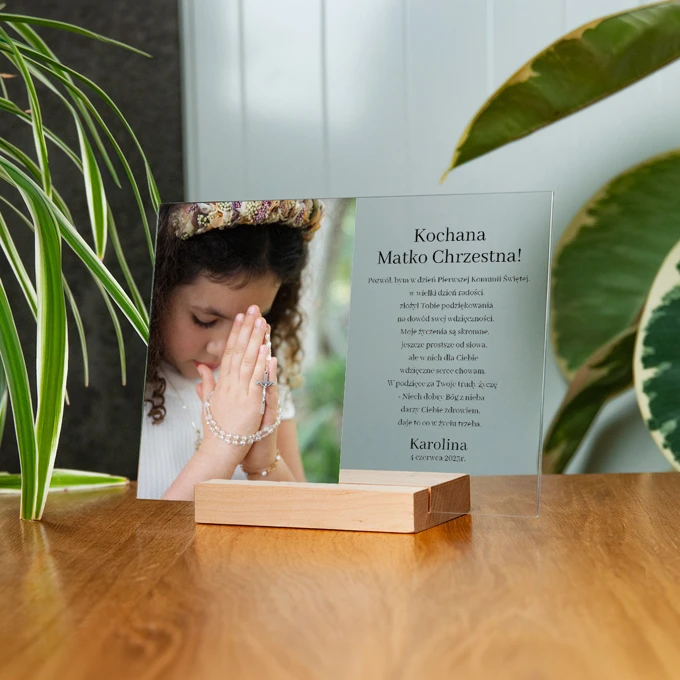 Ramka podziękowanie dla chrzestnych na szkle akrylowym ze zdjęciem i tekstem na komunię 15x21 cm