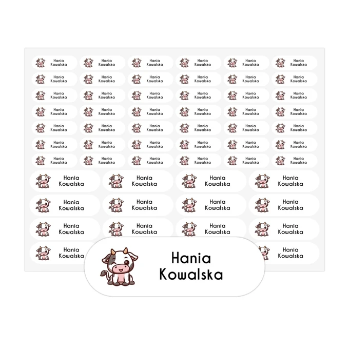 Naprasowanki na ubrania z imieniem arkusz 58 sztuk krówka