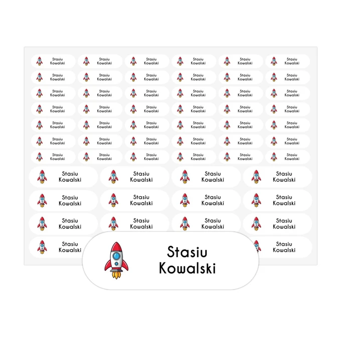 Naklejki imienne rakieta na przybory szkolne arkusz 58 sztuk wodoodporne