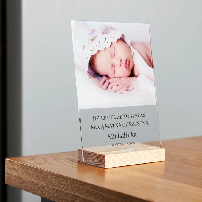 Podziękowanie dla Matki Chrzestnej statuetka zdjęcie dziecka na szkle z dedykacją 15x21 cm