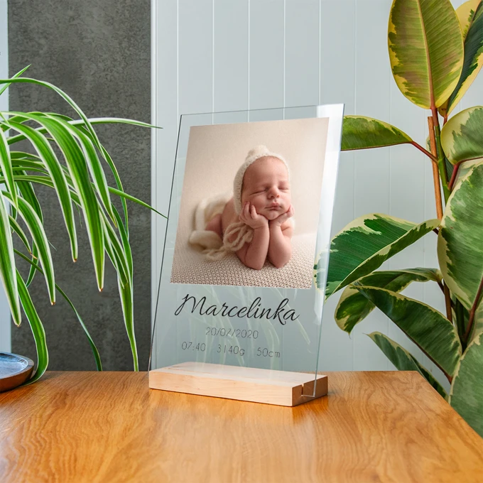Zdjęcie na szkle z podstawką metryczka ze zdjęciem na szkle akrylowym A4