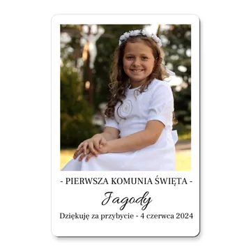 Podziękowania dla gości na komunię ze zdjęciem dziecka magnes 7x10 cm