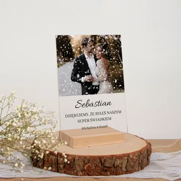 Podziękowanie dla świadka ze zdjęciem wydruk na szkle akrylowym statuetka 15x21 cm