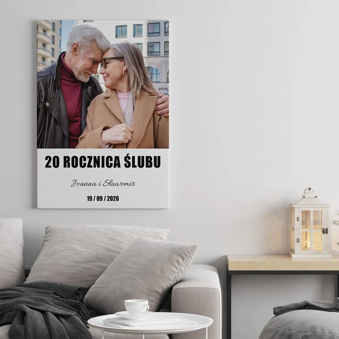 Prezent na 20 rocznicę ślubu obraz z Twojego zdjęcia na płotnie z imionami datą 30x40 cm