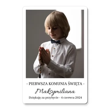 Podziękowania dla gości na komunię ze zdjęciem dziecka magnes 10x15 cm