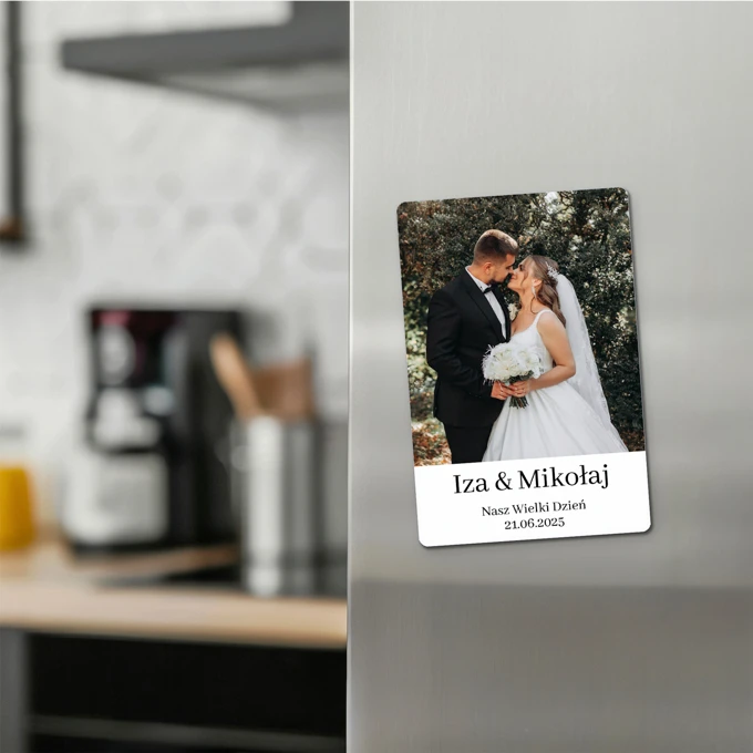Prezent na ślub pamiątka ślubna foto magnes ze zdjęcia z imionami i datą 10x15 cm