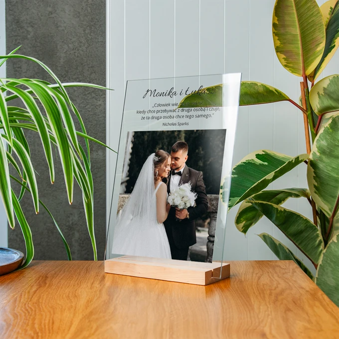 Statuetka ze zdjęciem na szkle prezent na ślub podziękowanie 21x30 cm