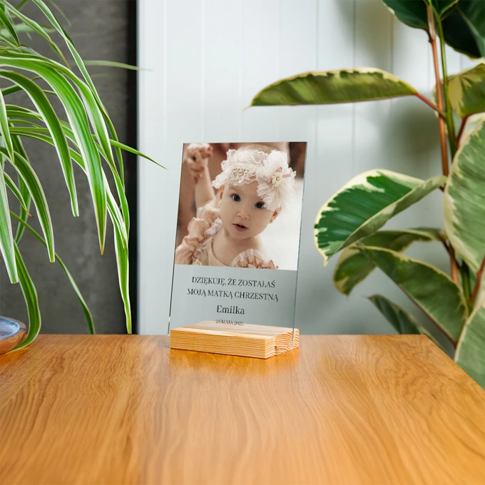 Podziękowanie dla Matki Chrzestnej statuetka zdjęcie dziecka na szkle z dedykacją 15x21 cm
