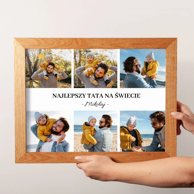Prezent dla Taty plakat z kolażem zdjęć w drewnianej ramie z personalizacją imieniem 40x30 cm