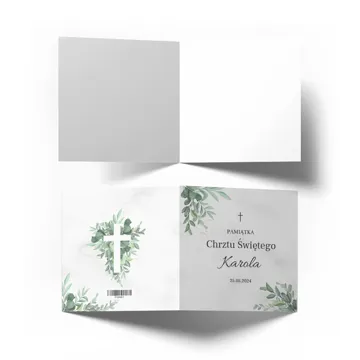 Personalizowana kartka pamiątka na chrzest z imieniem dziecka biały krzyż