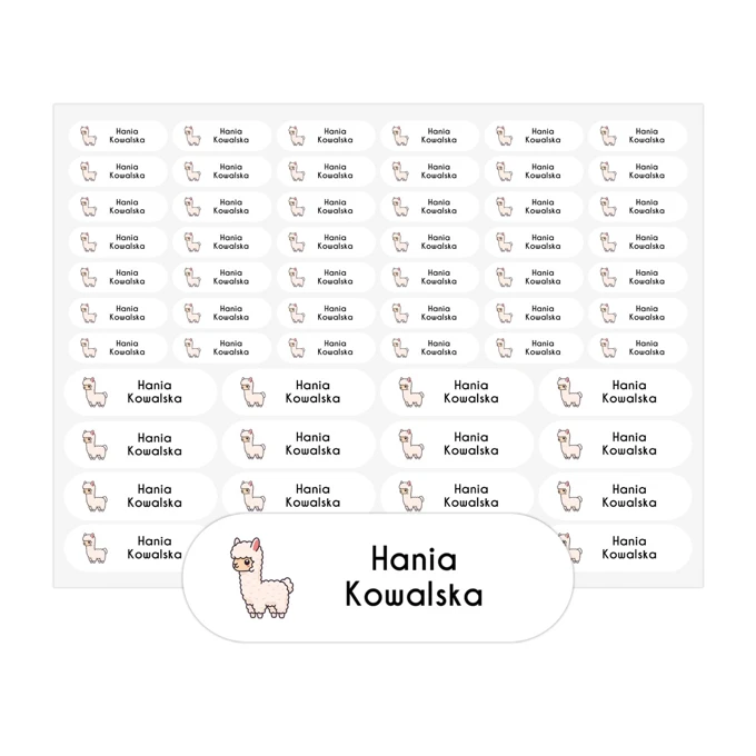 Naklejki imienne na odzież trwałe naprasowanki arkusz 58 sztuk lama