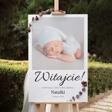 Tablica na powitanie gości ze zdjęciem dziecka chrzest personalizacja na płótnie 40x60 cm
