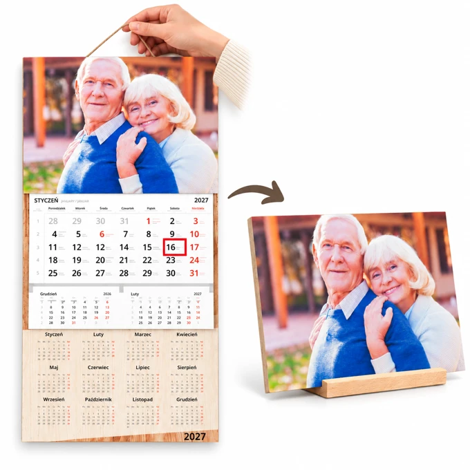 Prezent dla Babci i Dziadka drewniany fotokalendarz i ramka ze zdjęciem 2 w 1